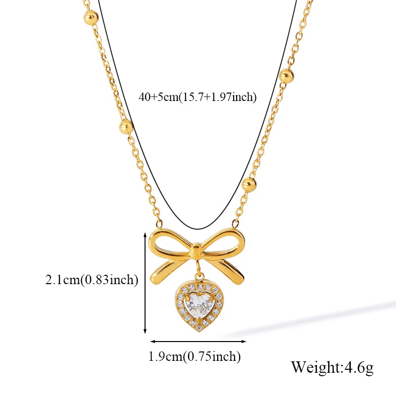 The Colette Bow & Heart Necklace - Gold & Crystal
