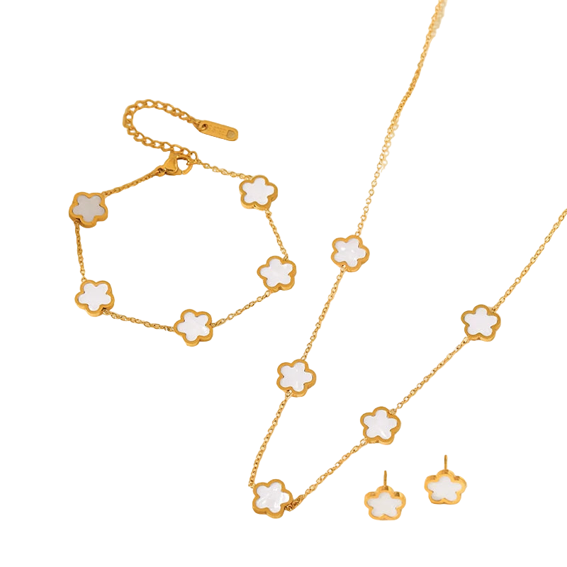 The Felicity Clover Jewellery Set - 18k Gold Plated | White