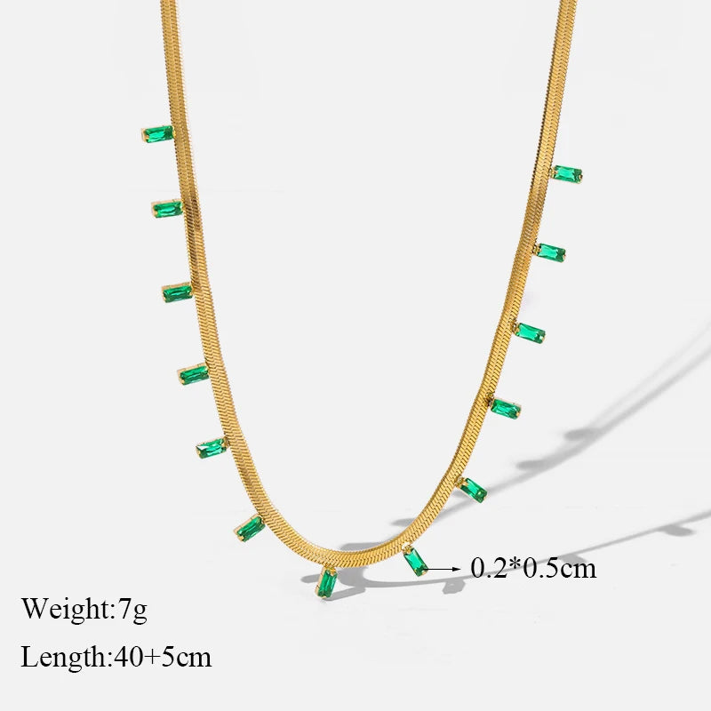 The Esmeralda Green Crystal Herringbone Necklace - Gold