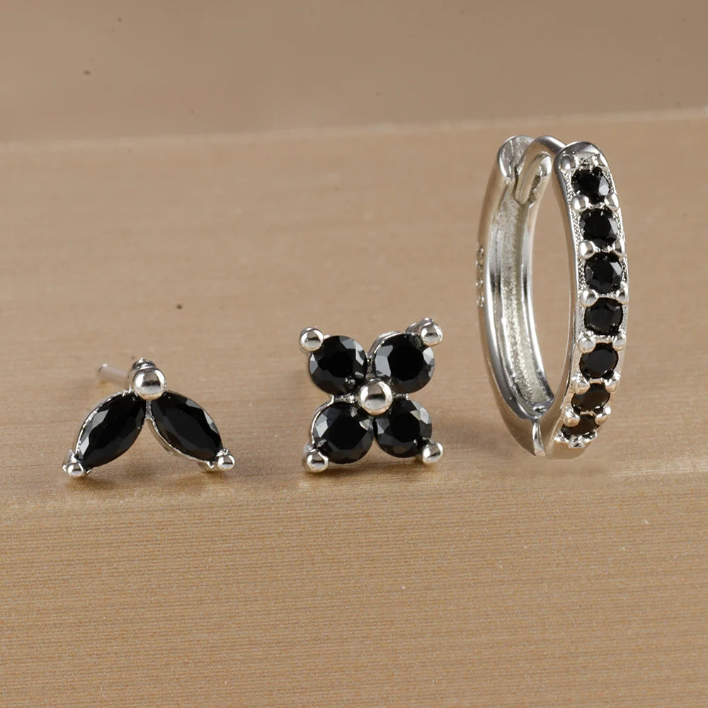 The Iona Crystal Earring Set - 3 Piece Silver Huggie & Studs | Black
