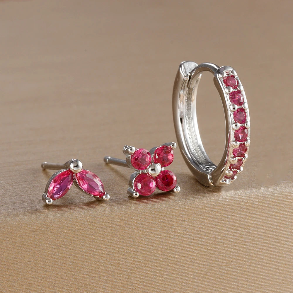 The Iona Crystal Earring Set - 3 Piece Silver Huggie & Studs | Rose Red