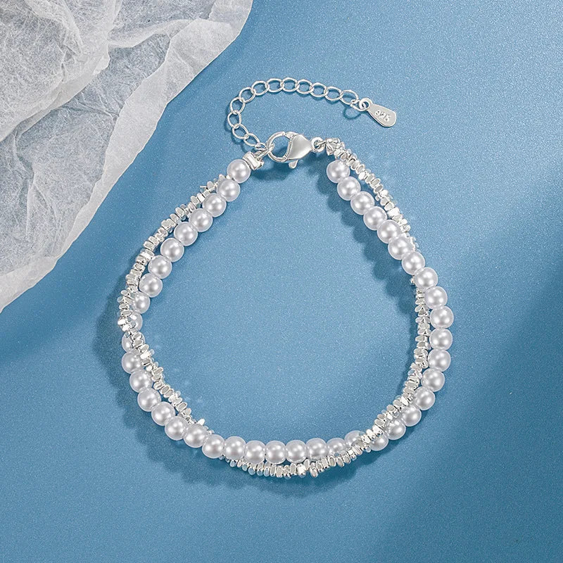 The Grace Layered Pearl & Crystal Bracelet - Sterling Silver