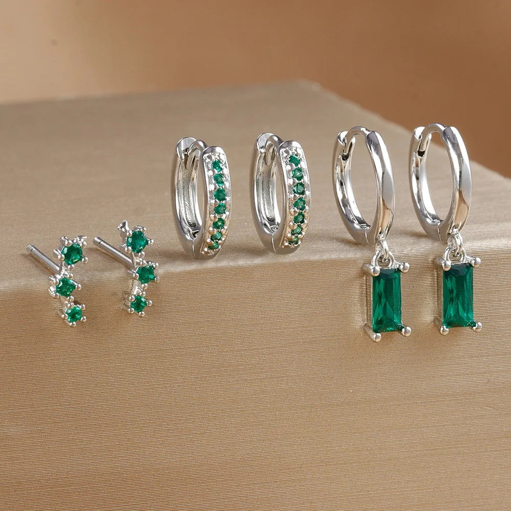 The Thea Crystal Earring Stacking Set - Silver & Green