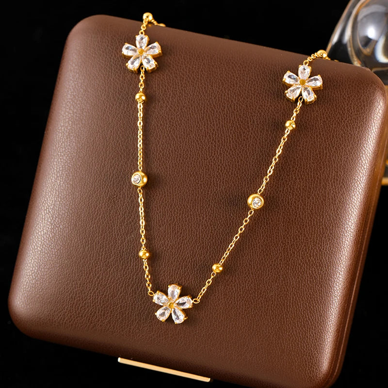 The Florence Crystal Flower Station Necklace - Gold | Rosiri