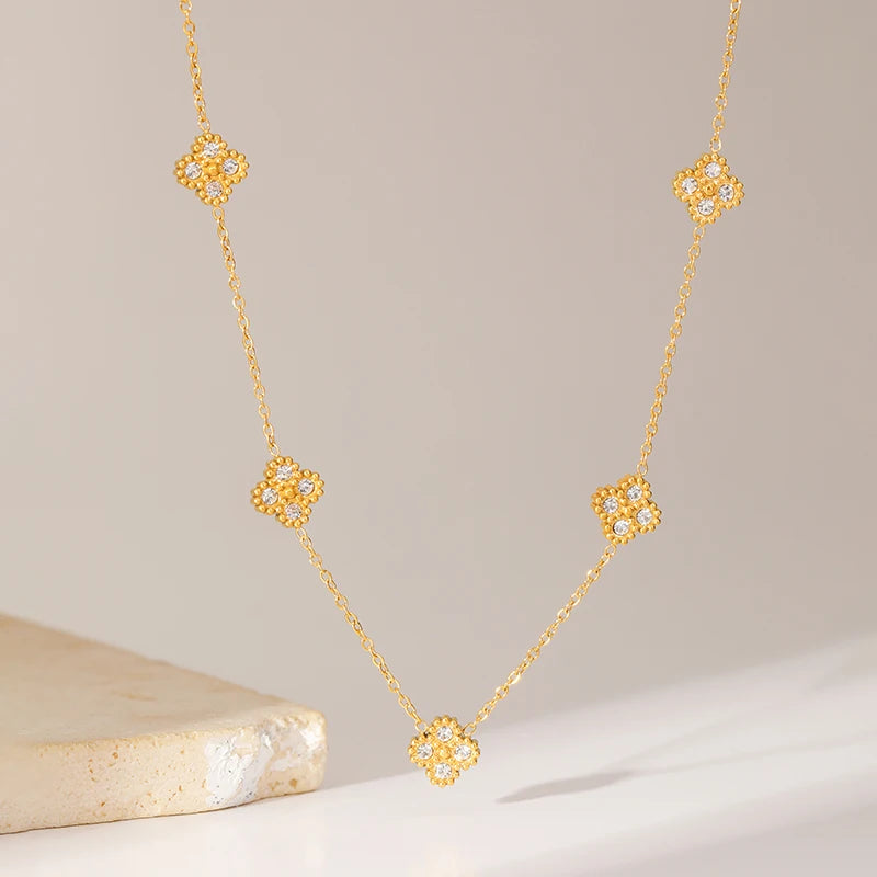 The Luciana Pavé Crystal Clover Necklace - Gold