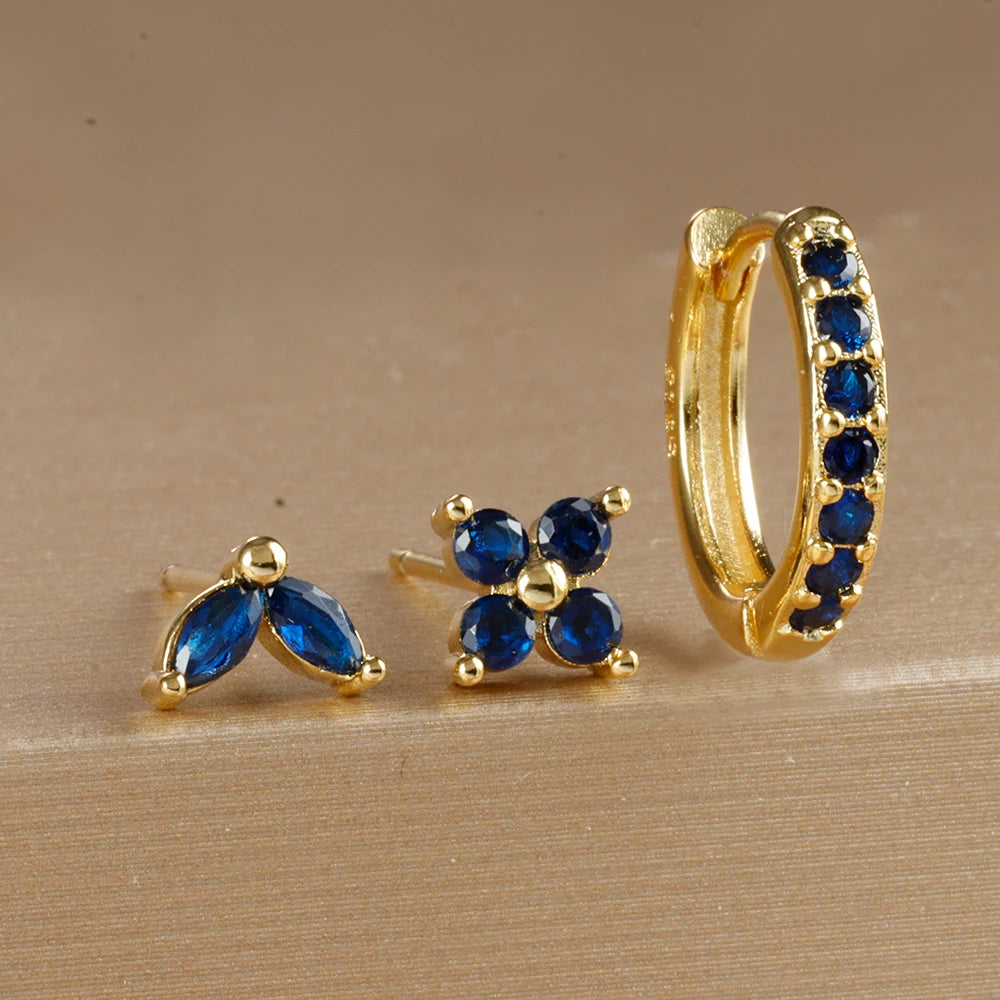The Iona Crystal Earring Set - 3 Piece Gold Huggie & Studs | Deep Blue
