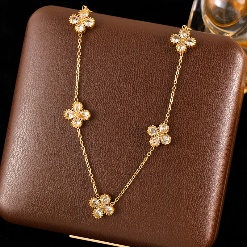 The Seraphina Pavé Crystal Clover Necklace - Gold