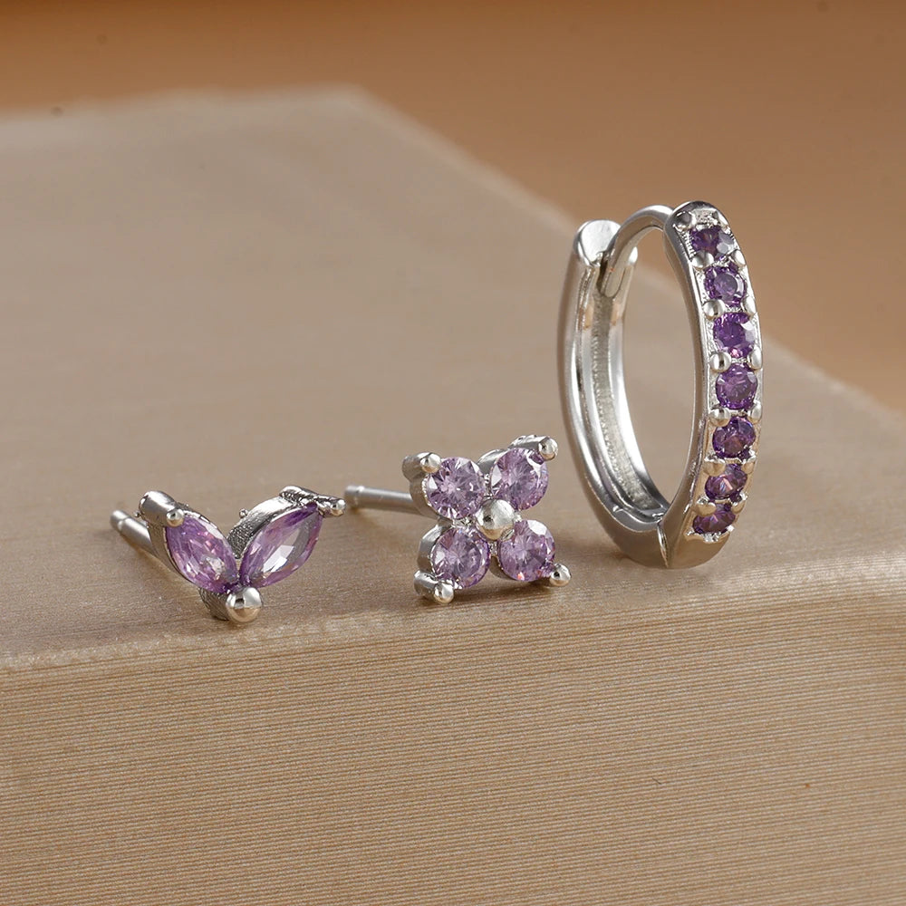 The Iona Crystal Earring Set - 3 Piece Silver Huggie & Studs | Purple