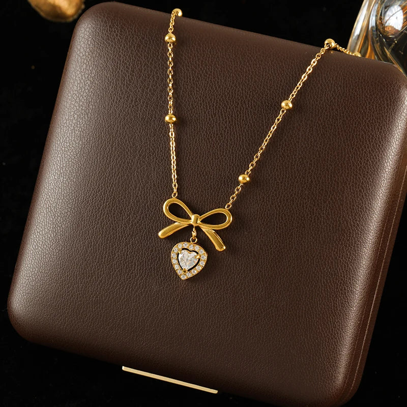 The Colette Bow & Heart Necklace - Gold & Crystal