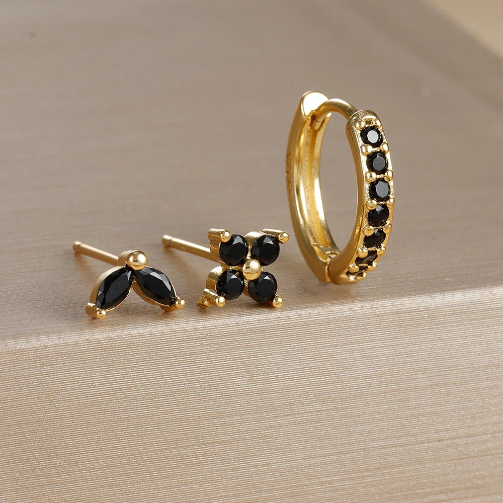 The Iona Crystal Earring Set - 3 Piece Gold Huggie & Studs | Black