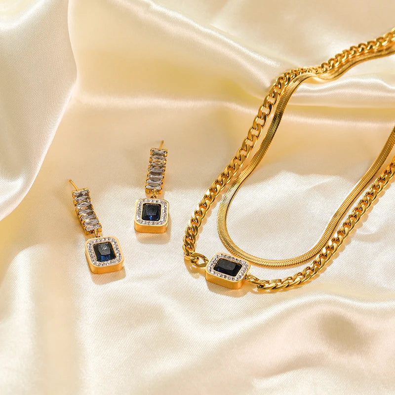 The Astoria Layered Necklace & Earring Set - Sapphire Blue Art Deco