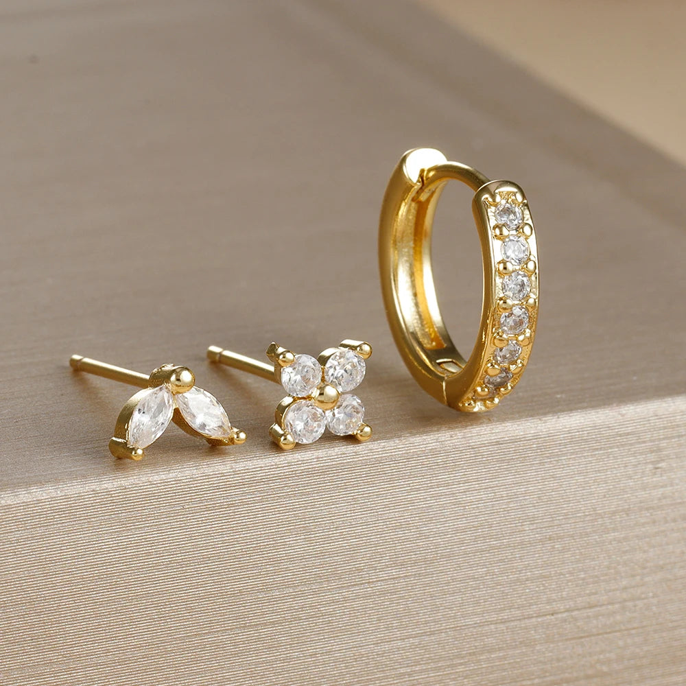 The Iona Crystal Earring Set - 3 Piece Gold Huggie & Studs | White