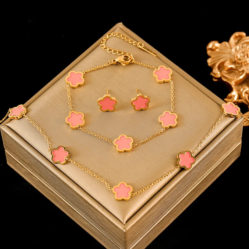 The Felicity Clover Jewellery Set - 18k Gold Plated | Pink