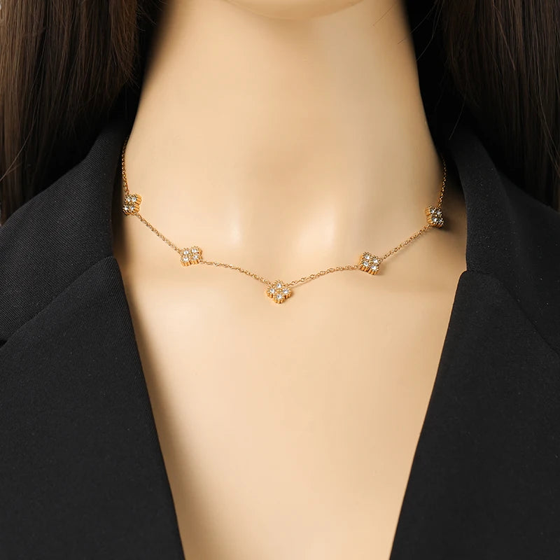 The Seraphina Pavé Crystal Clover Necklace - Gold