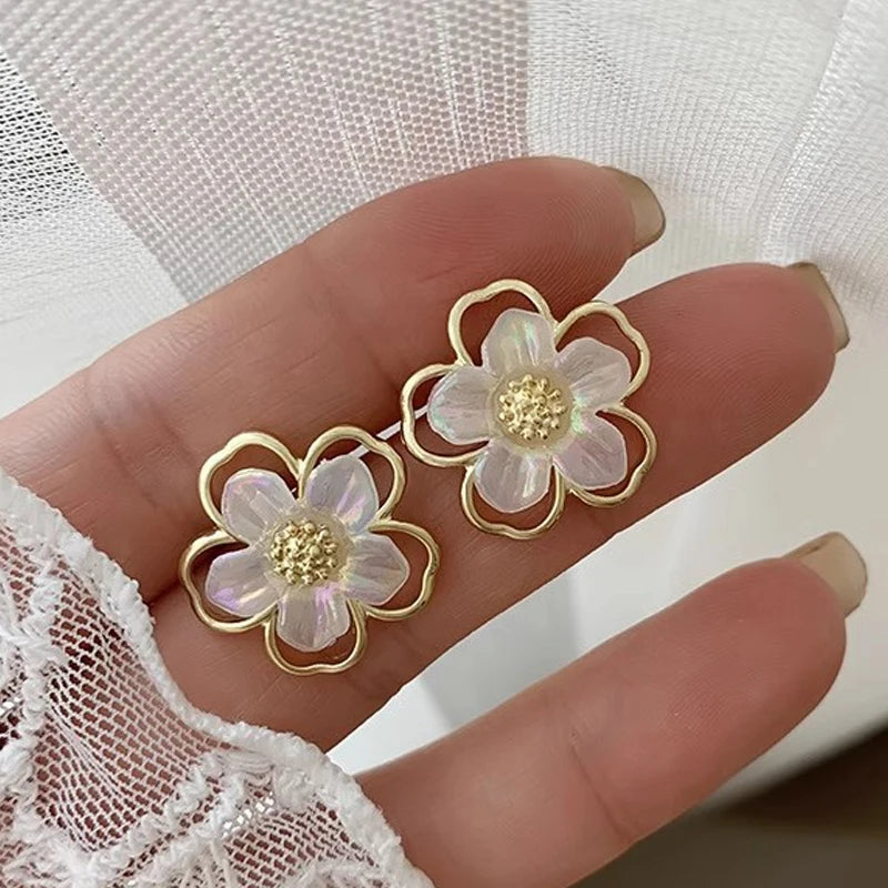 The Sakura Blossom Stud Earrings - White & Gold Floral