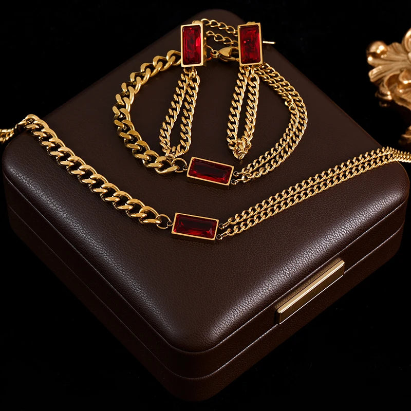 The Ravenna Black & Gold Chain Set - Necklace, Bracelet & Earrings | Ruby Red