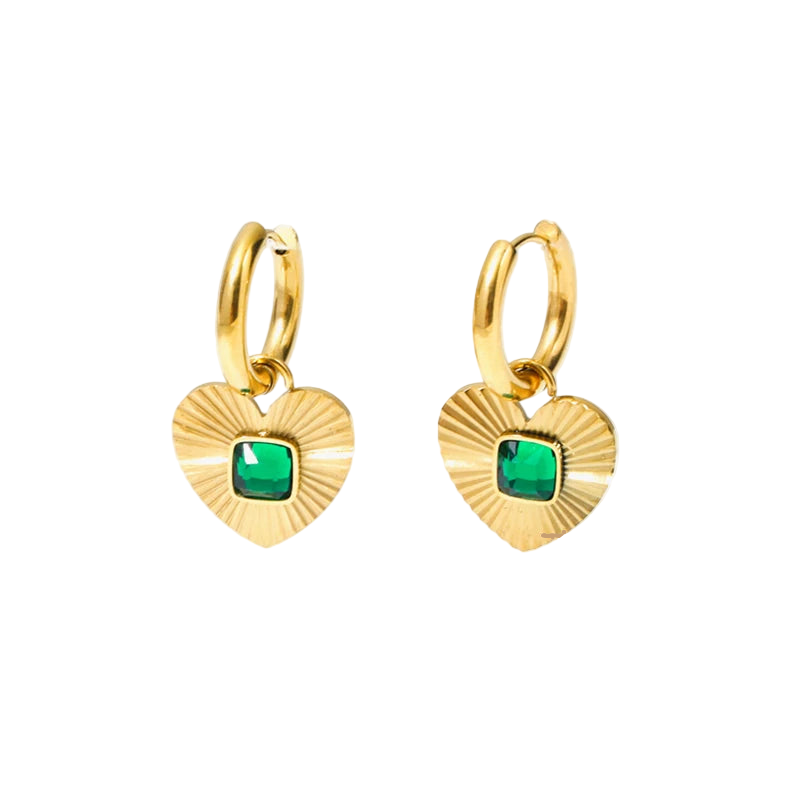 The Theodora Radiant Heart Earrings - Green & Gold Vintage Style