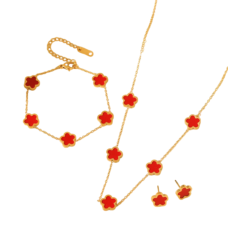 The Felicity Clover Jewellery Set - 18k Gold Plated | Ruby Red
