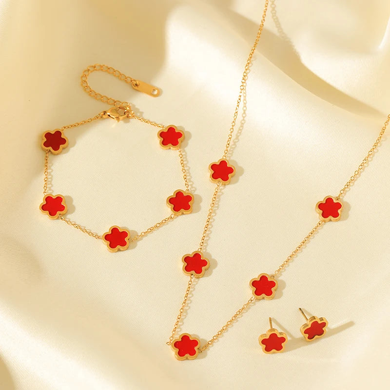 The Felicity Clover Jewellery Set - 18k Gold Plated | Ruby Red
