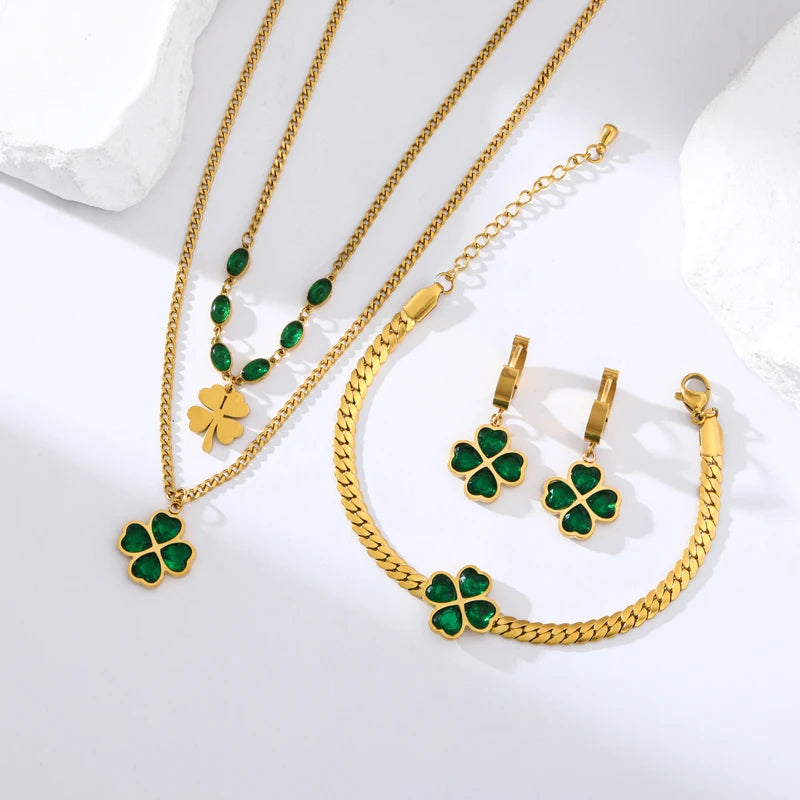 The Orla Crystal Clover Bangle & Earring Set - Emerald Green & Gold