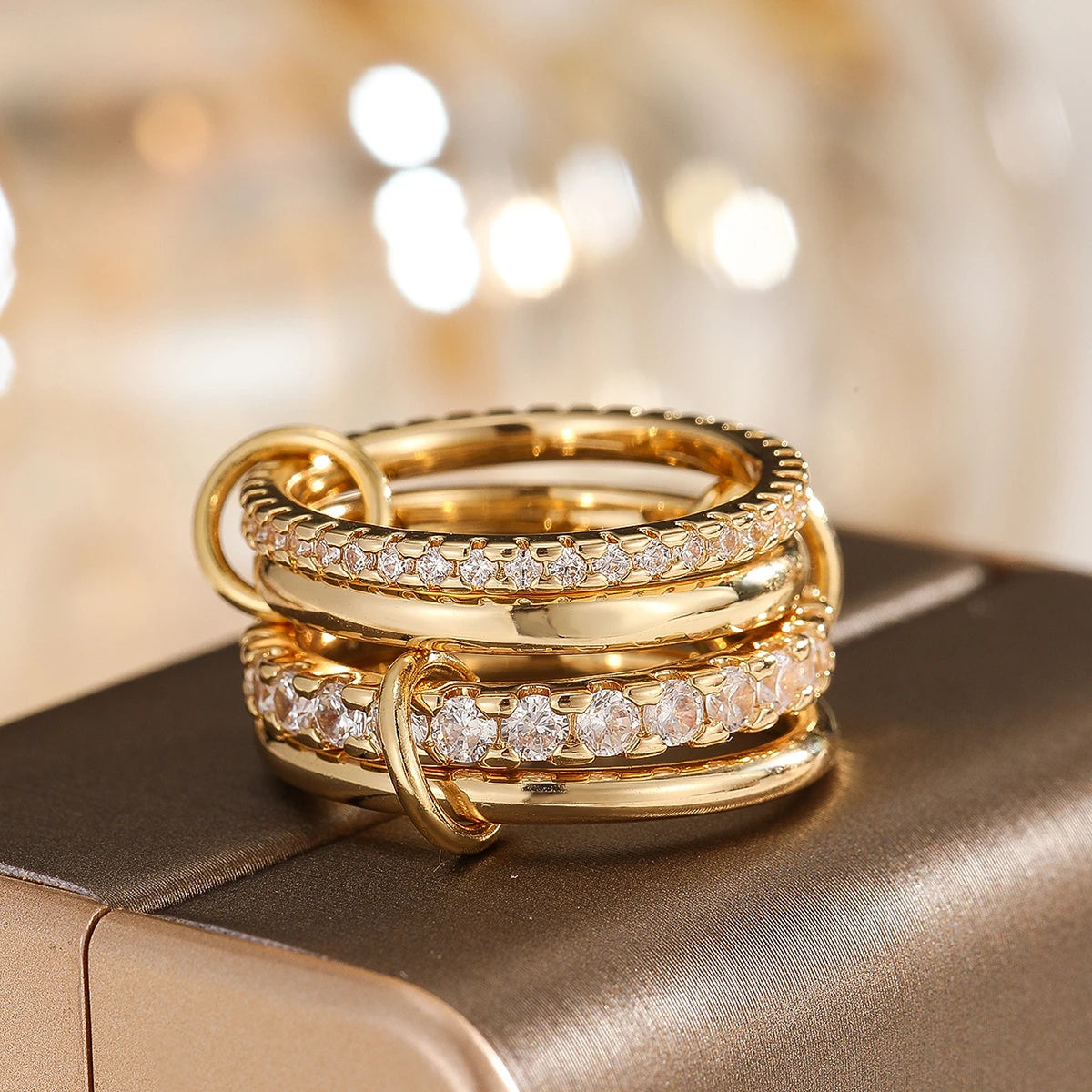 The Elodie Multi-Band Stacking Ring - Gold & Crystal