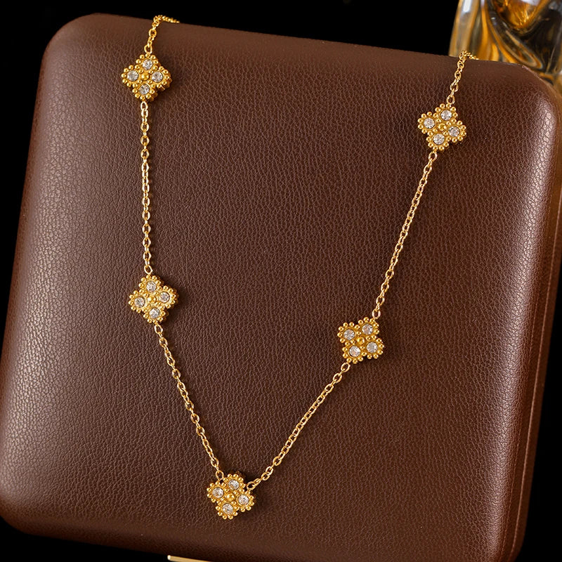 The Luciana Pavé Crystal Clover Necklace - Gold