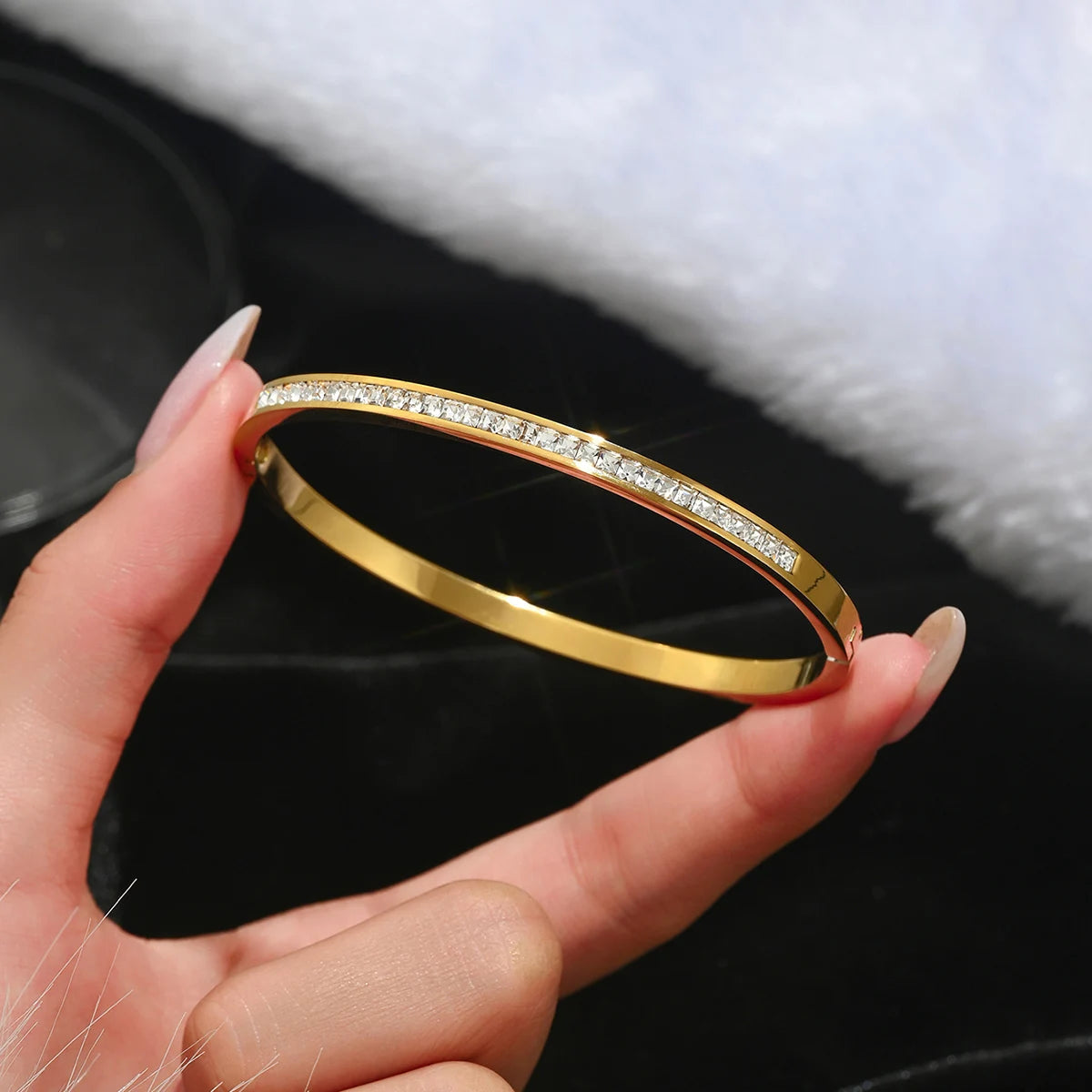 The Eleanor Channel Set Crystal Bangle - Gold