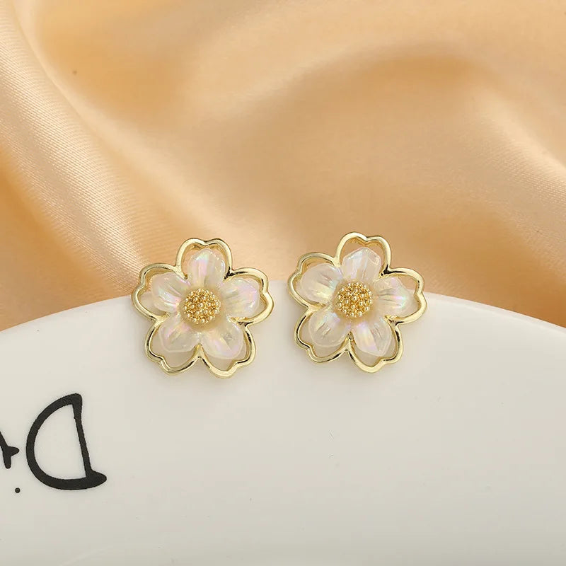 The Sakura Blossom Stud Earrings - White & Gold Floral