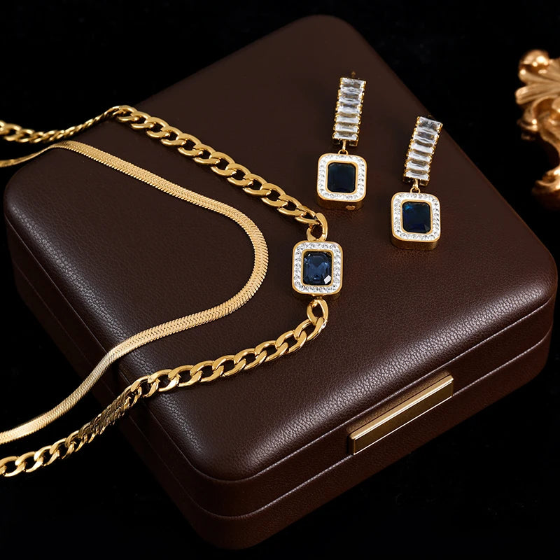 The Astoria Layered Necklace & Earring Set - Sapphire Blue Art Deco