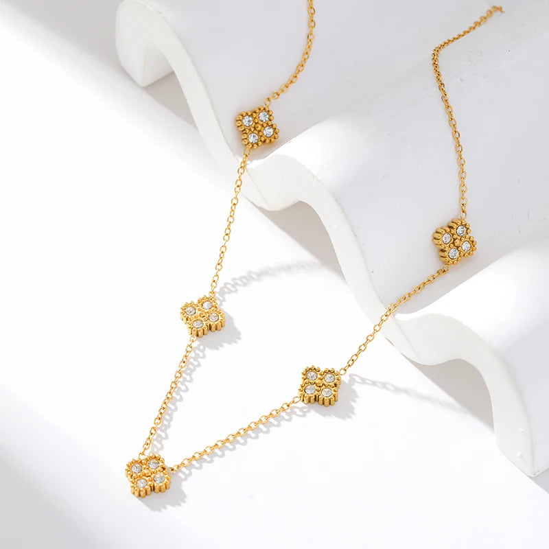 The Luciana Pavé Crystal Clover Necklace - Gold