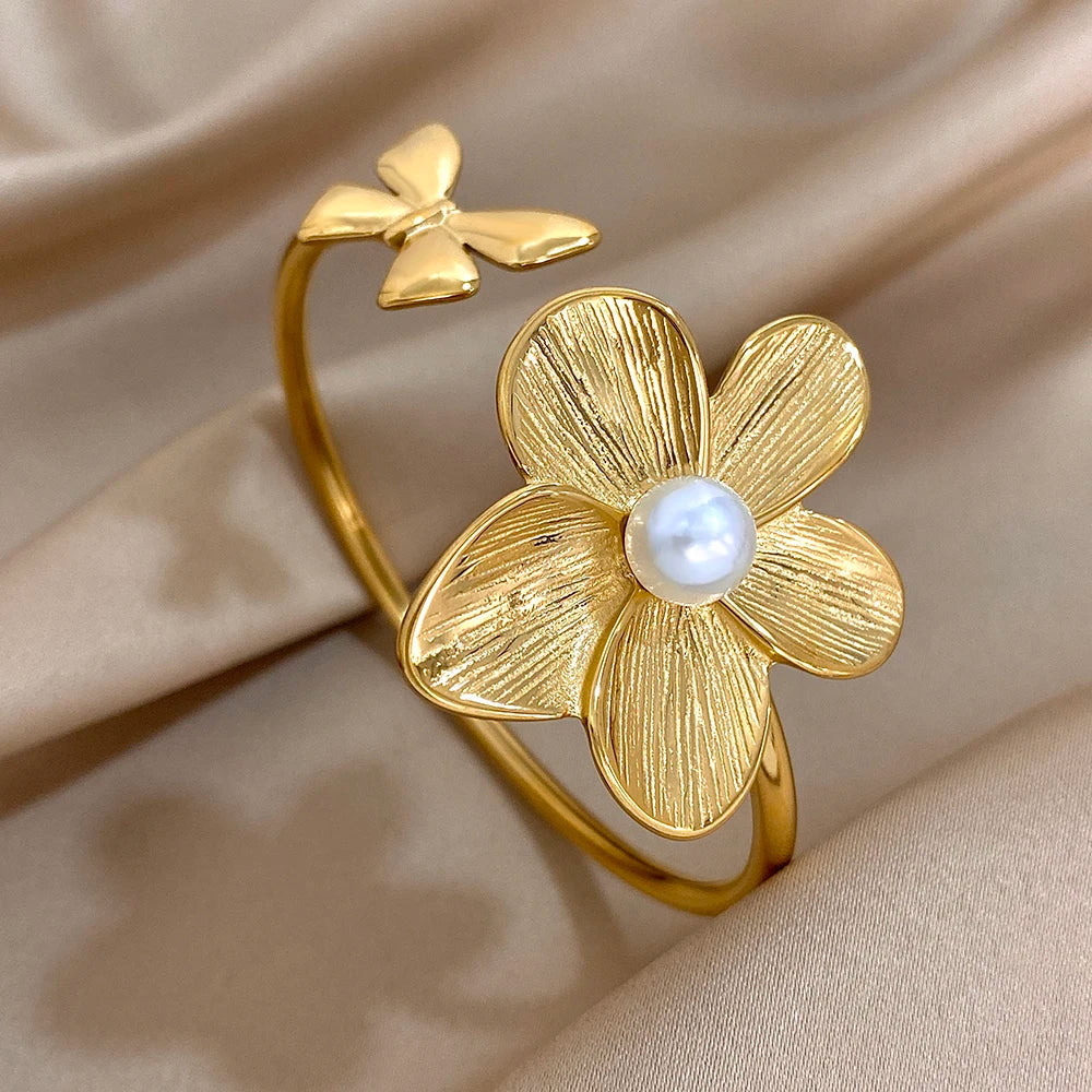 The Elara Flower & Butterfly Cuff - Gold & Pearl