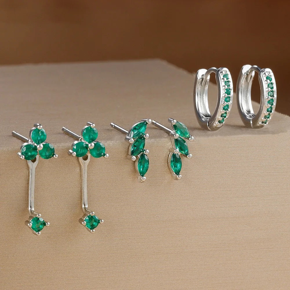 The Phoebe Crystal Earring Stacking Set - Silver & Green
