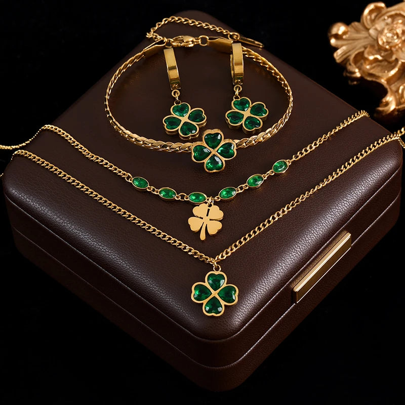 The Orla Crystal Clover Bangle & Earring Set - Emerald Green & Gold