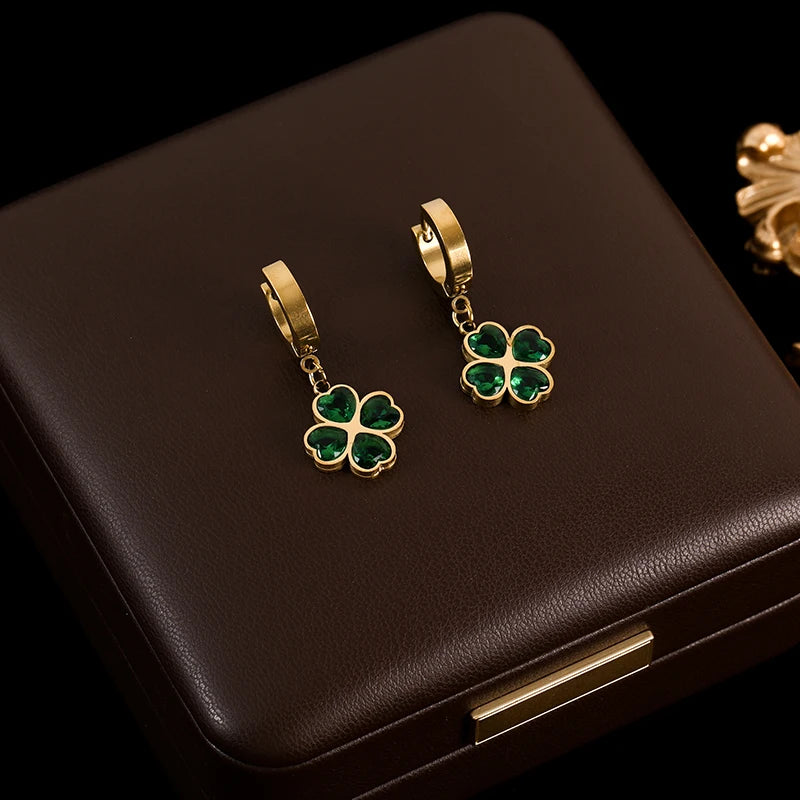 The Orla Crystal Clover Hoop Earrings - Emerald Green & Gold