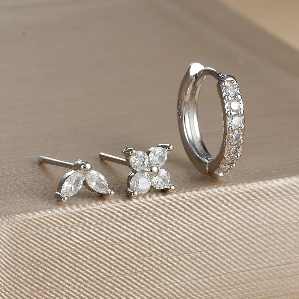 The Iona Crystal Earring Set - 3 Piece Silver Huggie & Studs | White