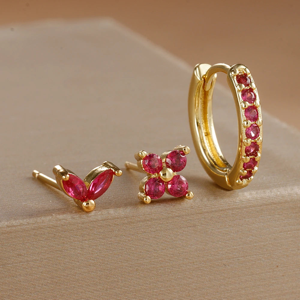 The Iona Crystal Earring Set - 3 Piece Gold Huggie & Studs | Rose Red