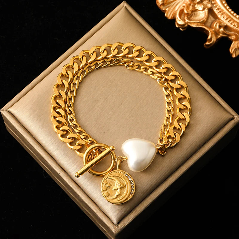 The Diana Pearl Heart & Coin Bracelet - Gold Toggle