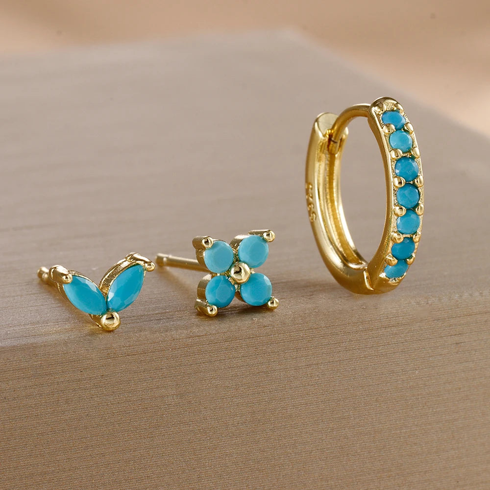 The Iona Crystal Earring Set - 3 Piece Gold Huggie & Studs | Atlantis Blue