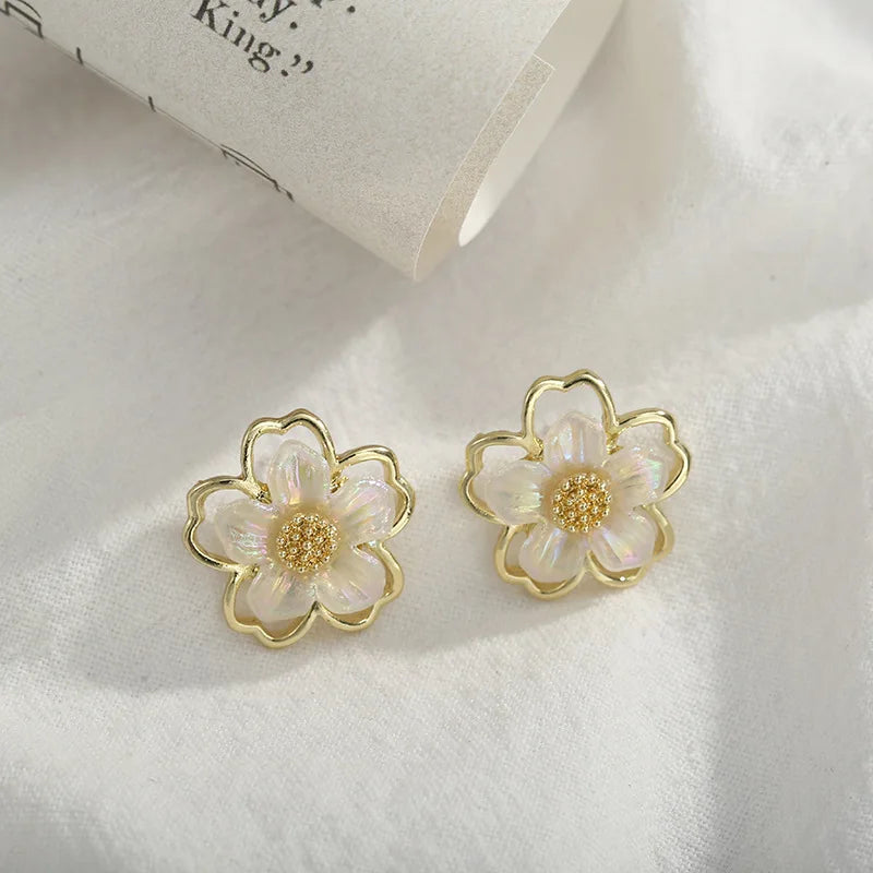 The Sakura Blossom Stud Earrings - White & Gold Floral