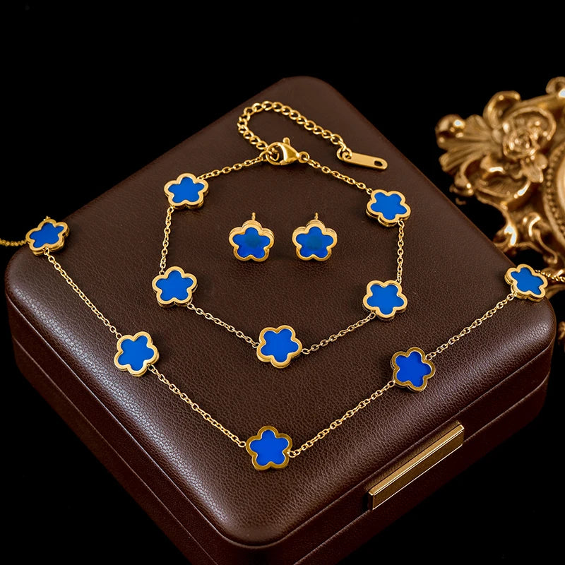 The Felicity Clover Jewellery Set - 18k Gold Plated | Sapphire Blue