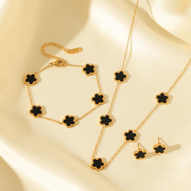 The Felicity Clover Jewellery Set - 18k Gold Plated | Deep Black