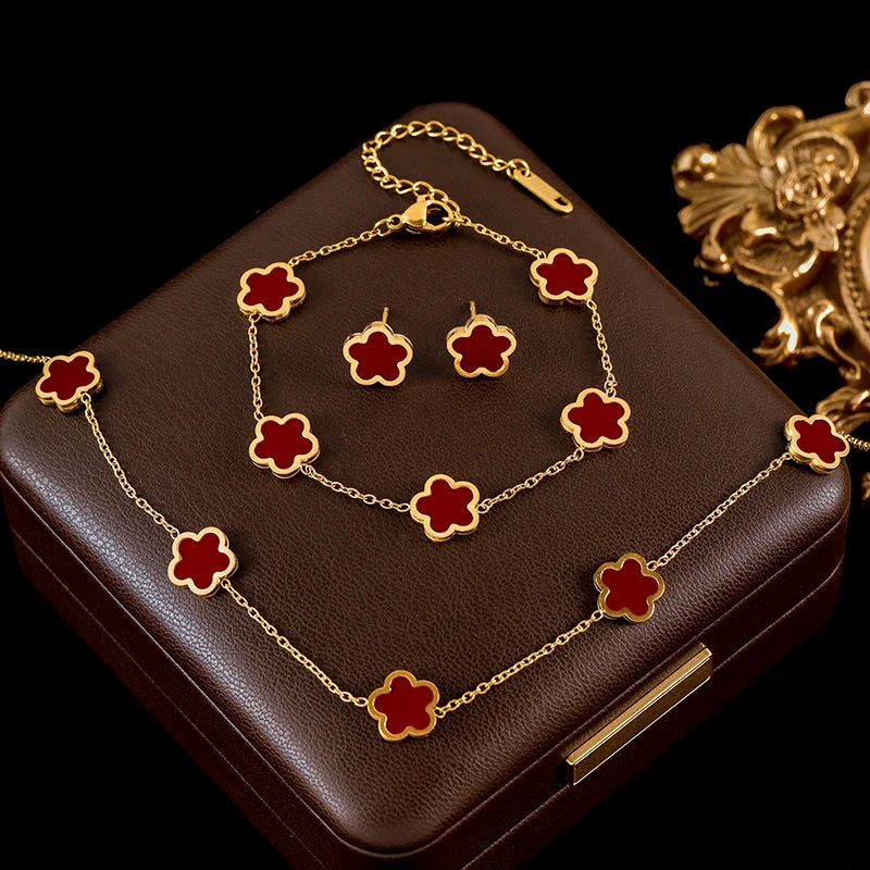 The Felicity Clover Jewellery Set - 18k Gold Plated | Ruby Red