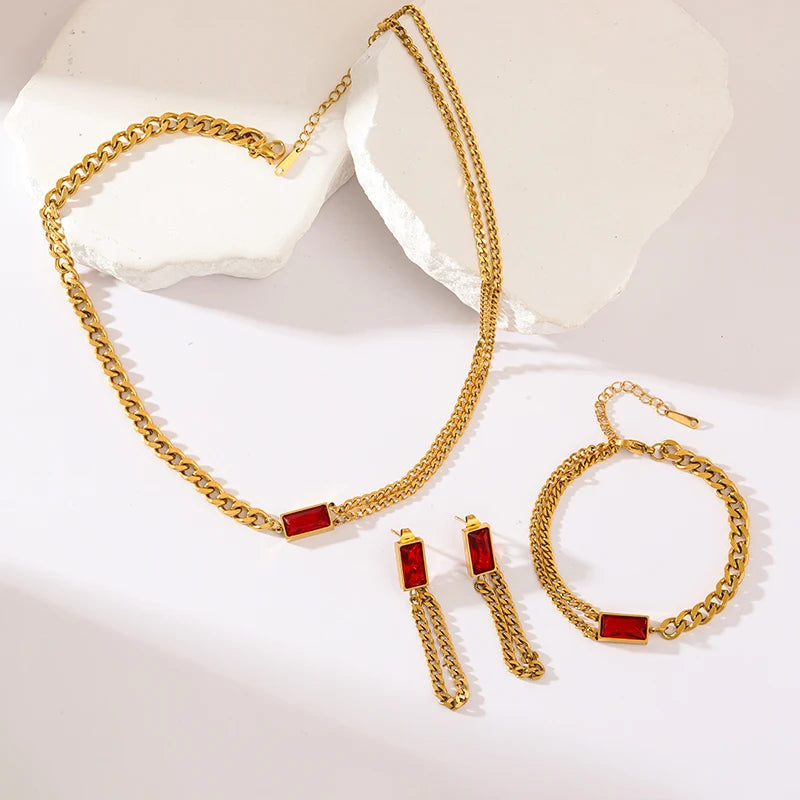 The Ravenna Black & Gold Chain Set - Necklace, Bracelet & Earrings | Ruby Red