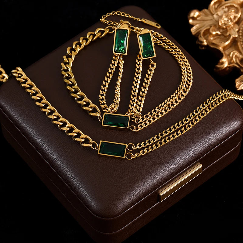 The Ravenna Black & Gold Chain Set - Necklace, Bracelet & Earrings | Emerald Green
