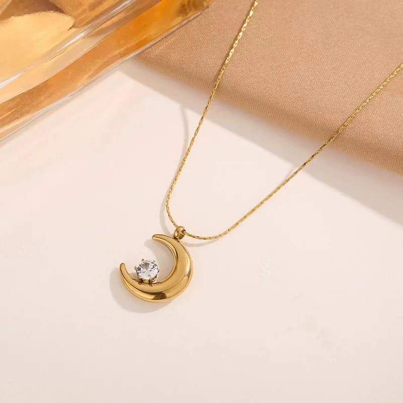 The Selene Crescent Moon Necklace - Gold & Crystal