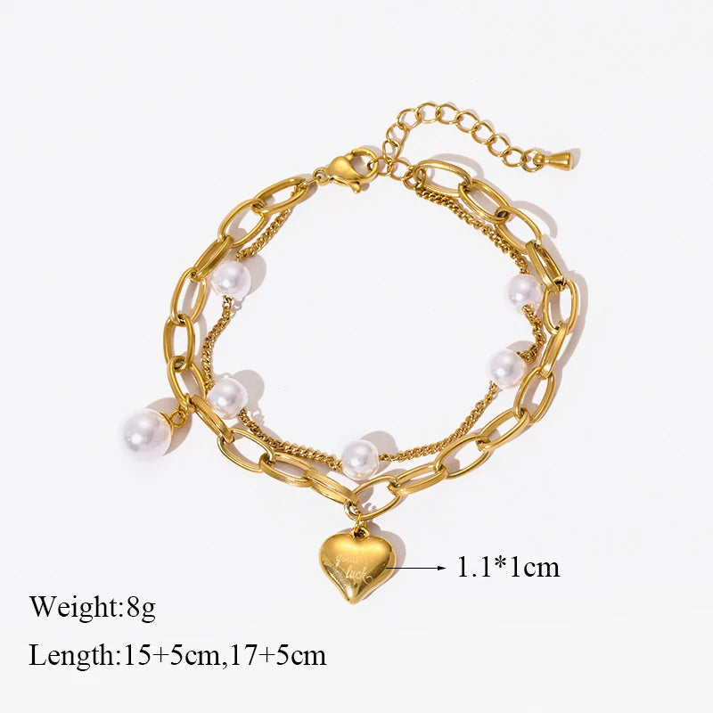 The Annelise Layered Pearl & Heart Bracelet - Gold