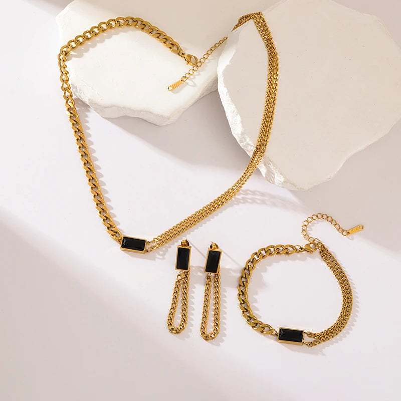 The Ravenna Black & Gold Chain Set - Necklace, Bracelet & Earrings | Onyx Black
