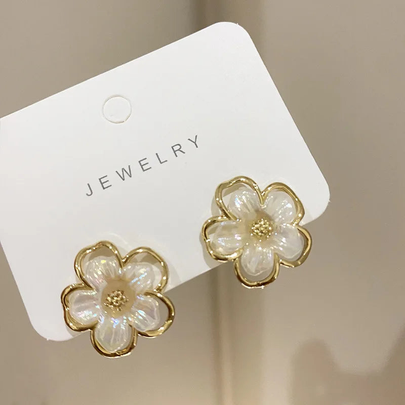The Sakura Blossom Stud Earrings - White & Gold Floral