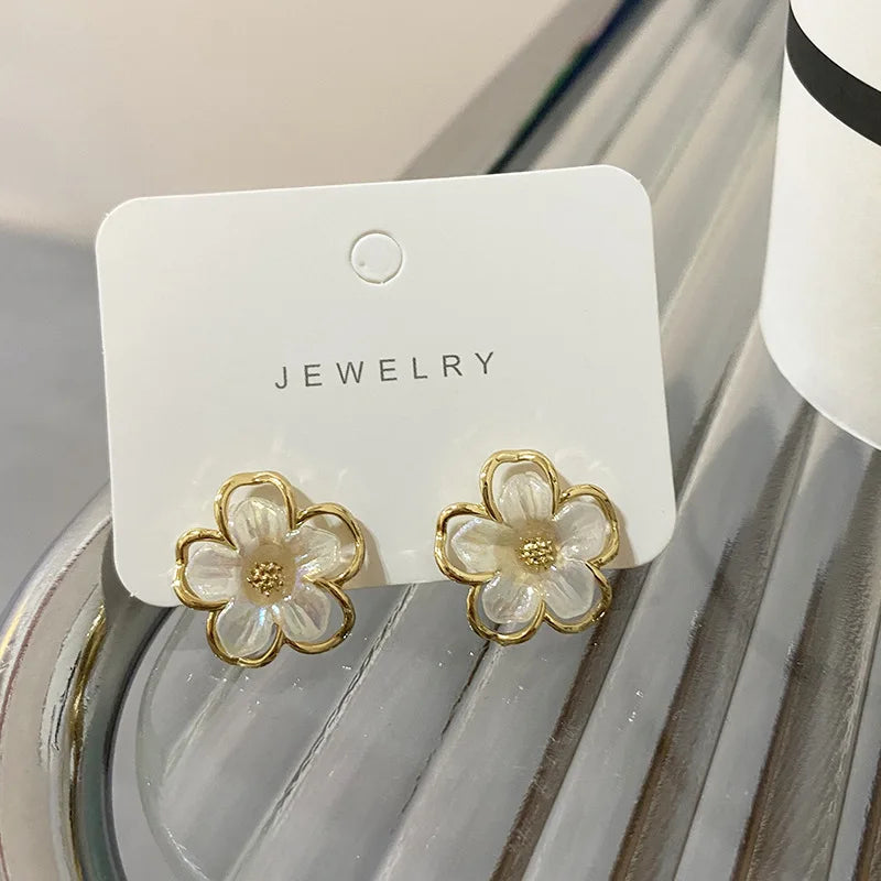 The Sakura Blossom Stud Earrings - White & Gold Floral