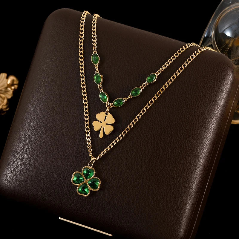 The Orla Multi-Strand Clover Necklace - Green & Gold